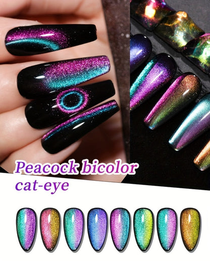 Magnetic Cat Eye Gel Nail Polish Set 8 Colors – Holographic Reflective Peacock Double-Light Effect, LED/UV Soak-Off Gel 0.51oz with Magnet Tool, Salon & Home Nail Art Gift Set for Women