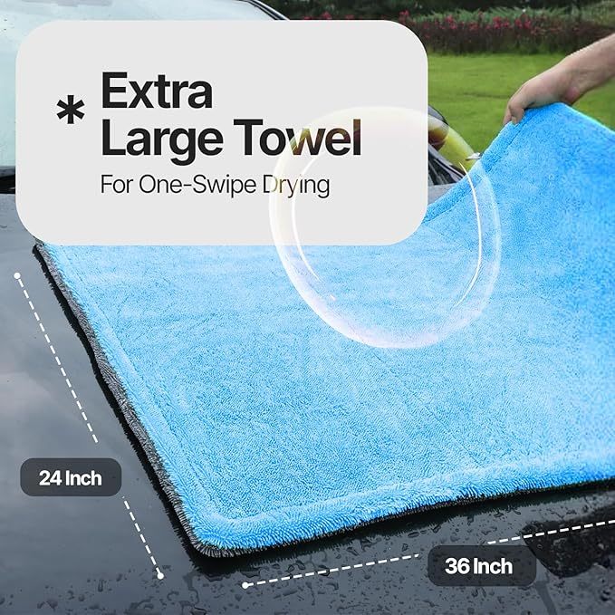 Extra Large Pack of 2 Double Twisted Loop Quick-Drying Towel | 24X36 Inches 1400GSM And 12X12 Inches | High Absorbency | Leaving No Streaks | Designed for Car Detailing