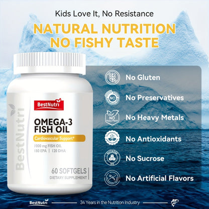 Omega-3 Fish Oil 2000mg Softgels with EPA & DHA — Cold-Extracted CGMP Certified | Brain Vitality Heart Health Anti-Inflammatory Support | For Adults & Young Adults | 60 or 90 Softgels