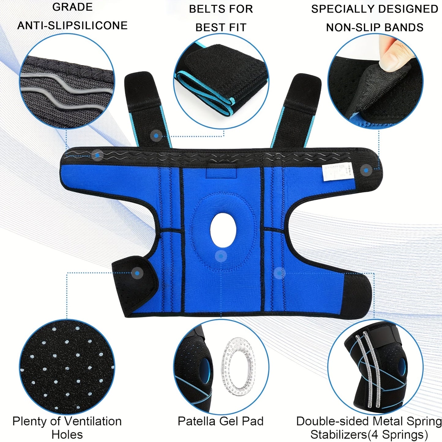 Knee Brace with Patella Gel Pad & Side Spring Stabilizers – Adjustable Compression Knee Support Wrap for Sports Running Workouts Camping, Breathable Knee Joint Stabilizer for Women Men, Blue & Black