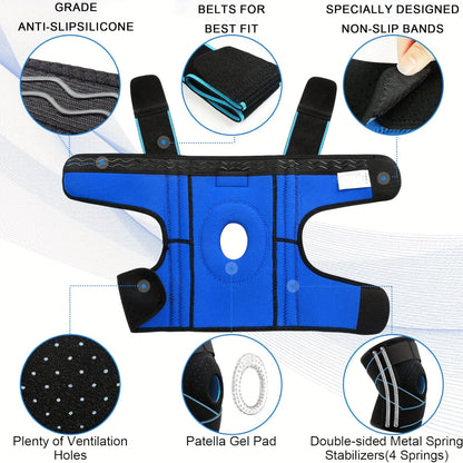 Knee Brace with Patella Gel Pad & Side Spring Stabilizers – Adjustable Compression Knee Support Wrap for Sports Running Workouts Camping, Breathable Knee Joint Stabilizer for Women Men, Blue & Black