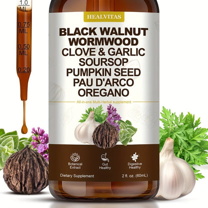 Black Walnut Wormwood Tincture with Oregano, Garlic & Berberine — Herbal Gut Cleanse Drops | Digestive Health, Gut Balance & Internal Cleanse Support | Natural Liquid Formula | 2 fl oz
