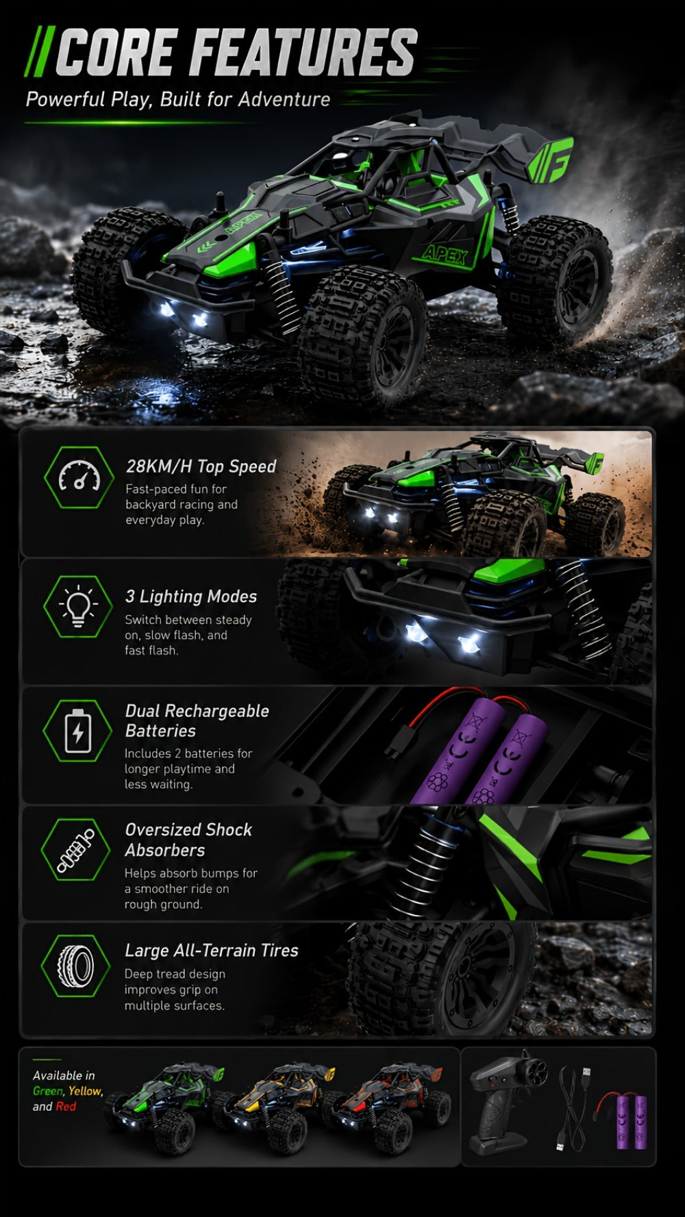 RC Monster Truck 1:20 Scale 4WD with LED Headlights – 2.4GHz All-Terrain Off-Road Remote Control Car, High-Speed Amateur RC Vehicle, Birthday Gift for Boys, Fast & Furious Green Yellow Red