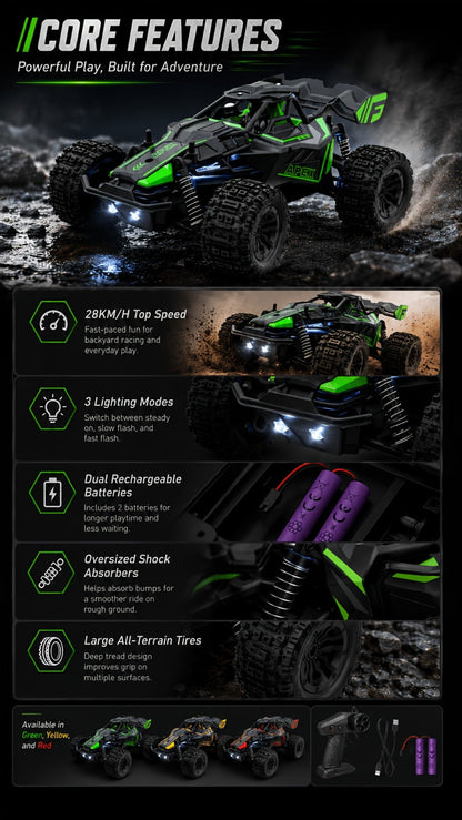 RC Monster Truck 1:20 Scale 4WD with LED Headlights – 2.4GHz All-Terrain Off-Road Remote Control Car, High-Speed Amateur RC Vehicle, Birthday Gift for Boys, Fast & Furious Green Yellow Red