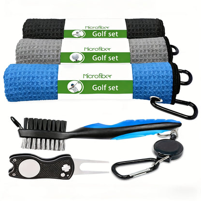 Golf Towel Set 5pcs Microfiber Waffle Towel Club Brush Divot Tool Retractable Carabiner Golf Cleaning Kit Gift for Men Women Golfers