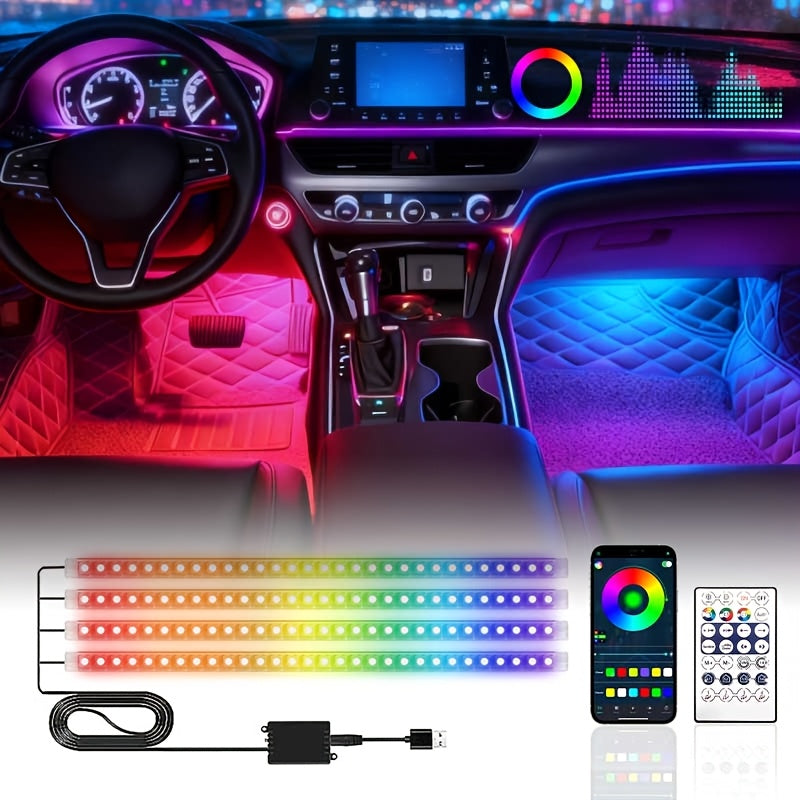 4pcs RGB LED Car Lights, 48 LEDs Interior Car Lights With Smart App Control, Multicolor Music Car Strip Light, Under Dash Lighting Kit For Car Truck SUV, Without Battery