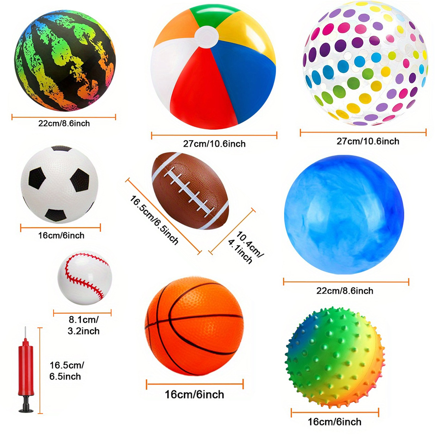 Kids Playground Balls Set 9 Pack with Air Pump – Inflatable Assorted Sports Balls for Outdoor & Indoor Play | Soccer, Basketball, Football, Baseball, Spiky Sensory & Bouncy Balls | Pool Beach Party Favors
