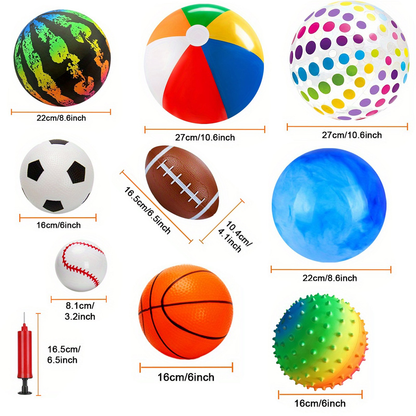 Kids Playground Balls Set 9 Pack with Air Pump – Inflatable Assorted Sports Balls for Outdoor & Indoor Play | Soccer, Basketball, Football, Baseball, Spiky Sensory & Bouncy Balls | Pool Beach Party Favors