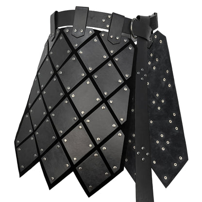 Medieval Armor Skirt Faux Leather with Geometric Plates & Metal Studs – Viking BC Style Retro Cosplay Costume for Halloween, Renaissance Faire, LARP & Festivals, Khaki Dark Brown Black, Gift for Men Women