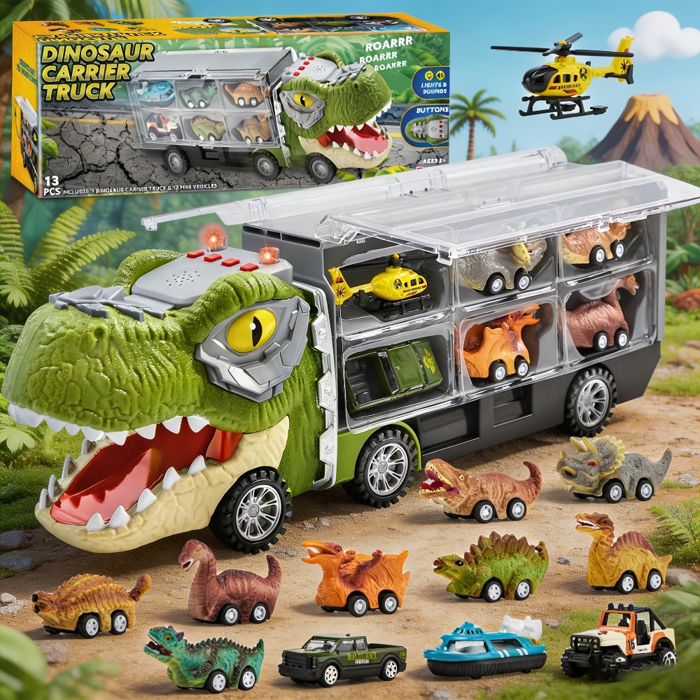 Dinosaur Truck Toy Set 13 PCS – Transport Carrier Truck with Lights & Sounds + 8 Pull-Back Cars + 3 Die-Cast Dino Vehicles + Helicopter | Friction Powered Dinosaur Toy for Boys Ages 3+ | Best Birthday Christmas Gift