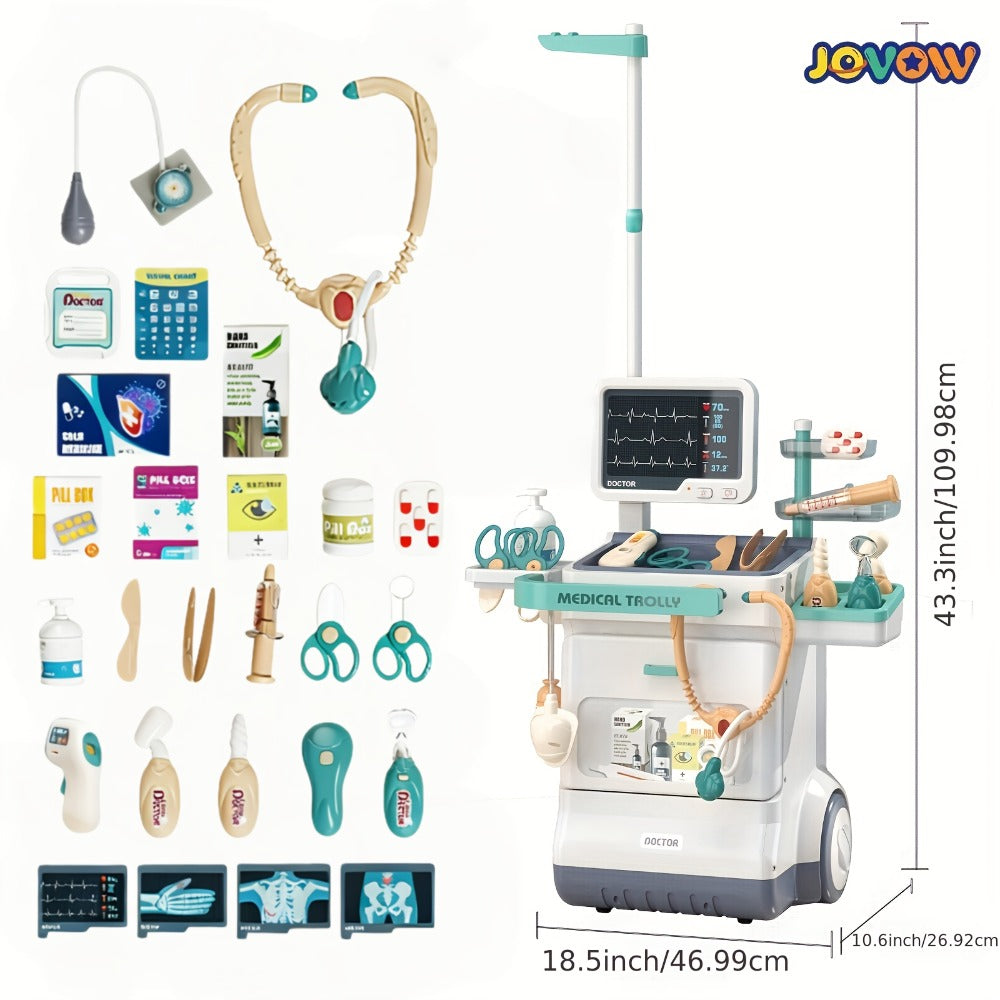 Kids Doctor Kit with Medical Cart Set – Movable Toy Trolley, Stethoscope, Thermometer & Accessories | Doctor Nurse Role Play Toy for Boys & Girls Ages 3 4 5 6, Birthday & Christmas Gift