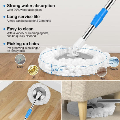 360 Spin Mop and Bucket Set with Wringer - Stainless Steel Extended Handle Spinning Mop Bucket System with Microfiber Mop Refills for Hardwood, Tile & Laminate Floor Cleaning, Black Blue Pink Red