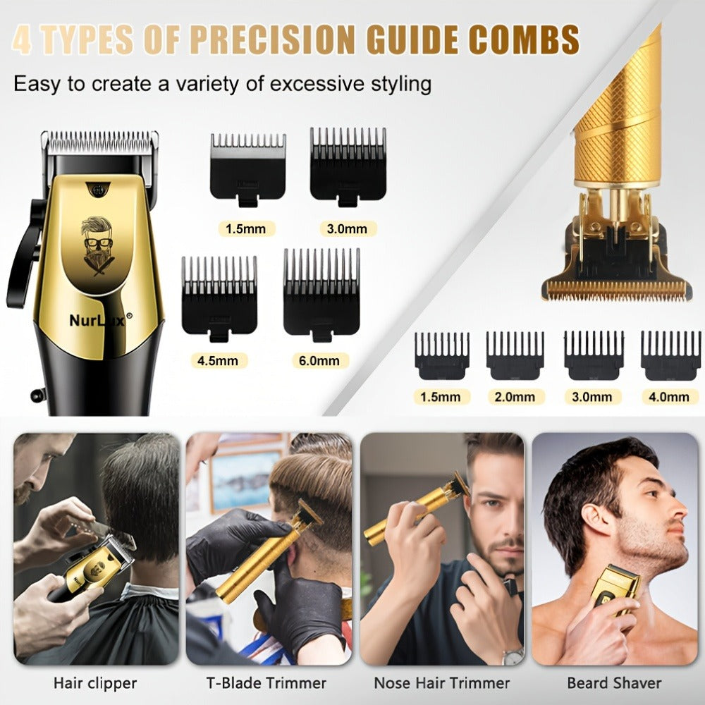Hair Clipper Set for Men USB Rechargeable - LCD Display Cordless Trimmer, Guide Combs & Cleaning Brushes, Professional Home Haircut Kit, Gift for Men, Golden Blue Silver