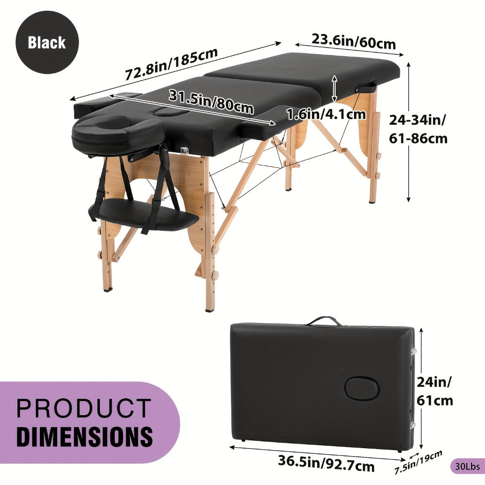 2-Fold Portable Massage Table with Face Cradle & Carrying Bag — Adjustable Height PU Leather Lash Bed for Spa, Tattoo, Esthetician & Home Use, 6 Colors, 2 Sizes
