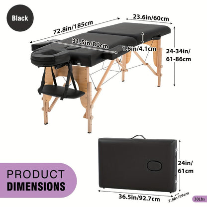 2-Fold Portable Massage Table with Face Cradle & Carrying Bag — Adjustable Height PU Leather Lash Bed for Spa, Tattoo, Esthetician & Home Use, 6 Colors, 2 Sizes