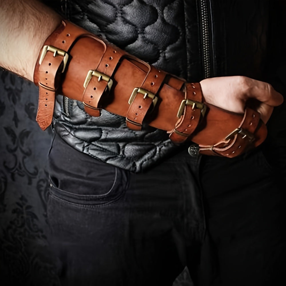 LARP Arm Guards Medieval Embossed Faux Leather Elf Bracers – Fantasy Knight Archer Gauntlets for Cosplay Renaissance Faire Halloween Costume Adjustable Brown