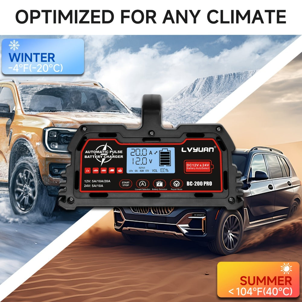 Smart Battery Charger Maintainer 12V 20A 24V 10A 8-Stage with Temperature Compensation for LiFePO4 Lead Acid Car Truck Motorcycle Boat - Trickle Charger