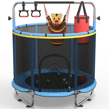 Kids Trampoline with Enclosure and Gymnastics Bar – 60" Height Adjustable Safety Net Trampoline for Toddlers Ages 3+, Indoor Outdoor Active Play with Toys Included | Best Birthday Gift