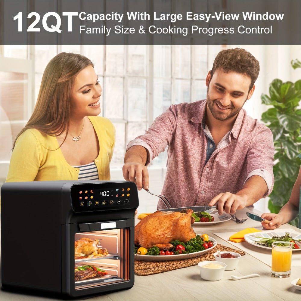 Air Fryer Toaster Oven Combo Extra Large – 12-Quart Countertop Convection Oven with Digital Touchscreen, 12 Preset Functions, Baking, Roasting & Reheating, Family-Sized Meals, Black