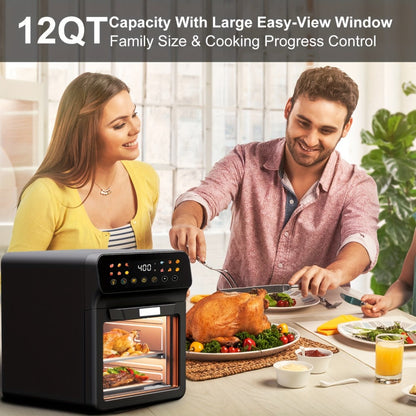 Air Fryer Toaster Oven Combo Extra Large – 12-Quart Countertop Convection Oven with Digital Touchscreen, 12 Preset Functions, Baking, Roasting & Reheating, Family-Sized Meals, Black