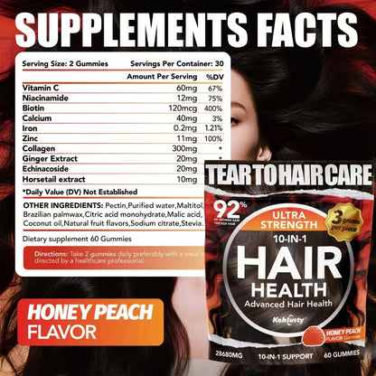Biotin Gummies for Hair Growth & Thickness — 10-in-1 Formula with Vitamin C, Collagen, Zinc | Supports Hair, Skin & Nails | Peach Flavor | 60 Count for Women & Men