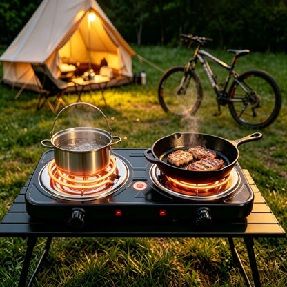 Portable Electric Stove Tabletop Double Burner – Adjustable Rotary Temperature Control, Compact Electric Charcoal Heater for Home, Office, Dorm, Camping, Milk & Coffee Heating, Black