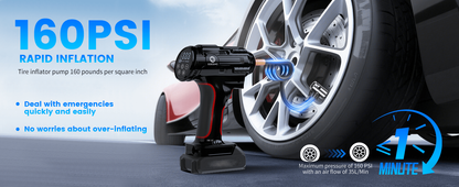 Portable Air Pump Inflator 160PSI – Auto Shut-Off, 35L/min, Dual Power (Battery/12V Car), Digital Gauge, 3-Mode LED Light for Car Tires, Bikes, Balls & Air Mattresses