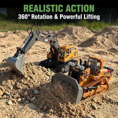 RC Bulldozer 1:24 Scale Alloy with 680° Rotation & Working Arm – 2.4GHz Remote Control Construction Vehicle for Kids, Outdoor Sand & Grass All-Terrain Play, Birthday Christmas Gift for Boys Ages 6+