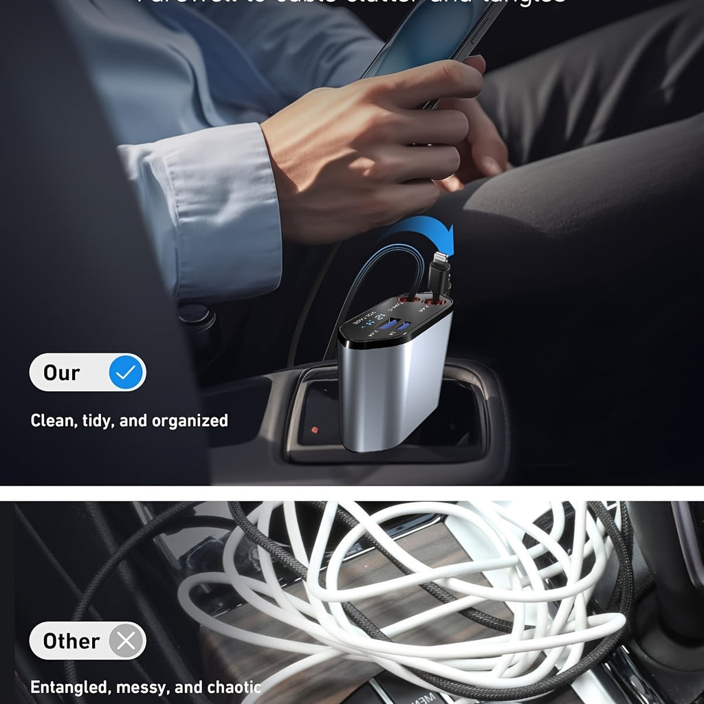 Retractable Car Charger 4in 1 Fast Car Phone Charger, Type C/IOS Car Charger Adapter with 2X Retractable Phone Charger Cables And 2X USB Ports for iPhone 15/14/13/12 Max, Samsung S24/S23, Google Smartphon