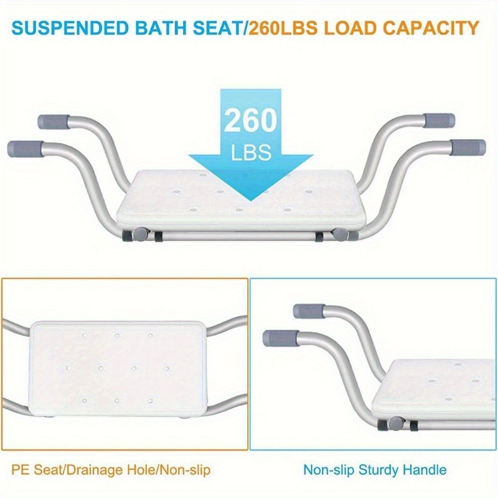Bath Seat Adjustable Aluminum Shower Chair – Suspended Bathtub Stool with Anti-Slip Handles, 300 lbs Capacity | Lightweight Retractable Bath Board for Elderly, Disabled & Injured, 3 Length Settings
