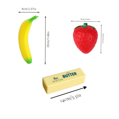 Squishy Food Toy Set 3pcs Slow Rising PU – Pretend Play Simulation Food Butter Banana Strawberry | Sensory Squeeze Stress Relief Toy, Classroom Decoration, Christmas Gift for Kids & Adults