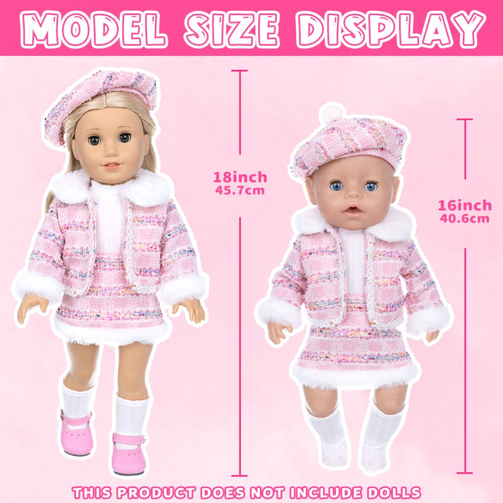 18 Inch Doll Knitted Clothes Outfit Set with Hat Jacket Skirt Shoes Socks Sunglasses Lipstick – Complete Baby Doll Accessories for 16-18 Inch Dolls Playing House Gift for Girls Birthday Christmas