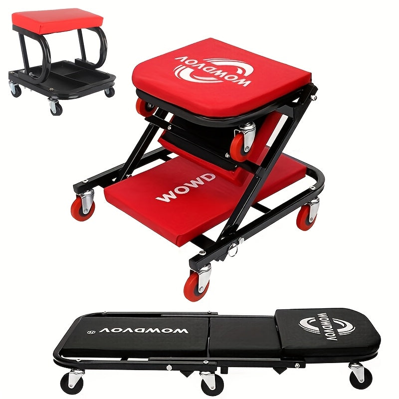 Auto Repair Bench with Roller Moving Tool Tray(Sold Separately), Wheel X Mechanical Climber 3-In-1/2-In-1 Z-Shaped Seat with 500 Pound Capacity, Foldable And Adjustable Rolling Garage Folding, Lying Down, Sitting And Leaning with 6 Wheel Rollers