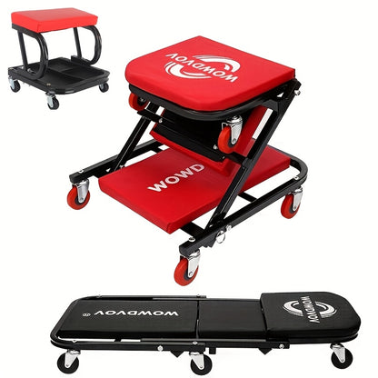 Auto Repair Bench with Roller Moving Tool Tray(Sold Separately), Wheel X Mechanical Climber 3-In-1/2-In-1 Z-Shaped Seat with 500 Pound Capacity, Foldable And Adjustable Rolling Garage Folding, Lying Down, Sitting And Leaning with 6 Wheel Rollers