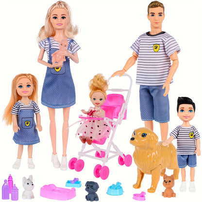 Family Doll Set with Pets & Accessories – 6 Poseable Collectible Dolls with Puppies, Handcart & Changeable Clothes, Pretend Play Family Figures, Holiday & Birthday Gift for Kids Ages 3+