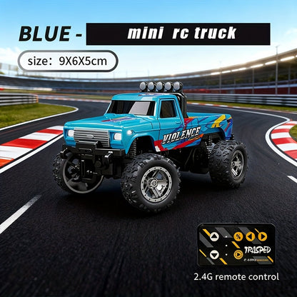 Mini RC Truck 1:64 Scale with Trailer – 2.4GHz Alloy Remote Control Monster Off-Road Pickup with LED Body Lights & Headlights, Rock Crawler Toy for Boys, Birthday Christmas Gift Green Gray Blue