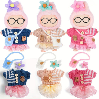 Labubu Doll Clothes 3 Sets Knit Tops Bubble Tulle Skirts Floral Hair Clips Bags for 17cm Plush Dolls Fashion Outfit Gift for Girls Kids Ages 3+ Birthday Christmas