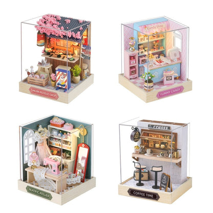 DIY Miniature Shop Dollhouse Kit with Dust Cover – Wooden Mini Store Assembly Set, 4 Themes Sakura Noodles Candy Atelier Coffee, Creative Home Decor Display Gift for Adults & Teens Birthday Christmas