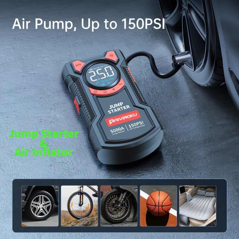 Jump Starter with Air Compressor, 150 PSI Car Air Compressor & 5000A Peak Car Jump Starter (2.64 Gallons Of Gasoline, 2.38 Gallons Of Diesel) with LED Light, Power Bank Function.