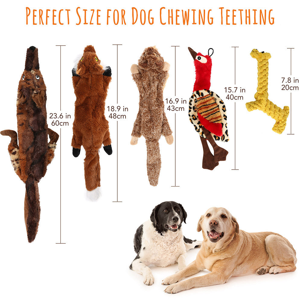 Squeaky Dog Toys 5-Pack No Stuffing Plush Chew Toy Bundle - Durable Animal Toys for Small Medium Large Dogs, Double Squeaker Puppy Teething Toy Set with Bonus Cotton Rope Toy