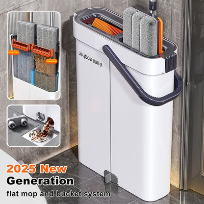 Flat Mop and Bucket System with Washable Reusable Microfiber Pads Dual Bucket Wringer Wet Dry Floor Mop for Hardwood Tile Marble Wall Cleaning Stainless Steel Handle 12.99in or 15.74in Mop Head