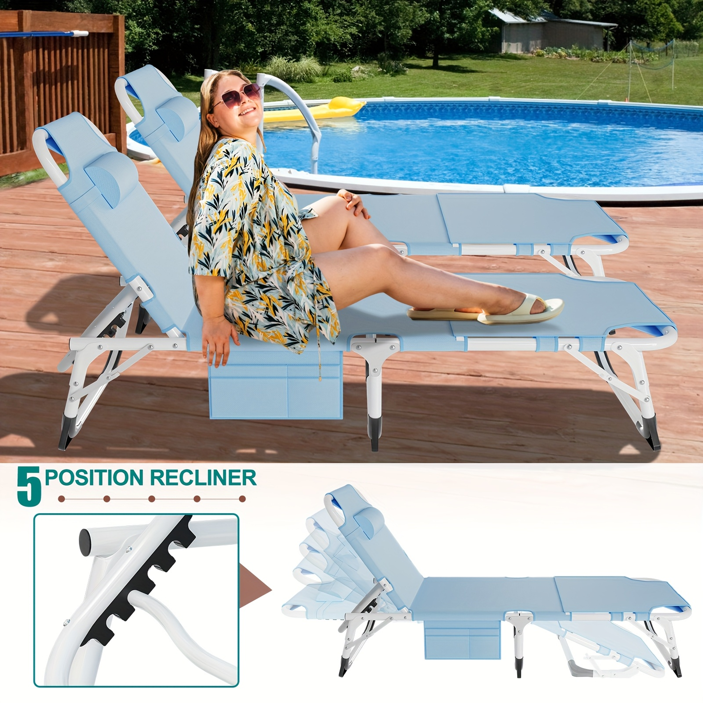 Folding Chaise Lounge Chair for Outdoor Tanning – 5-Position Adjustable Sunbathing Lounger with Face Hole for Pool, Beach & Backyard – Standard & Oversize Available