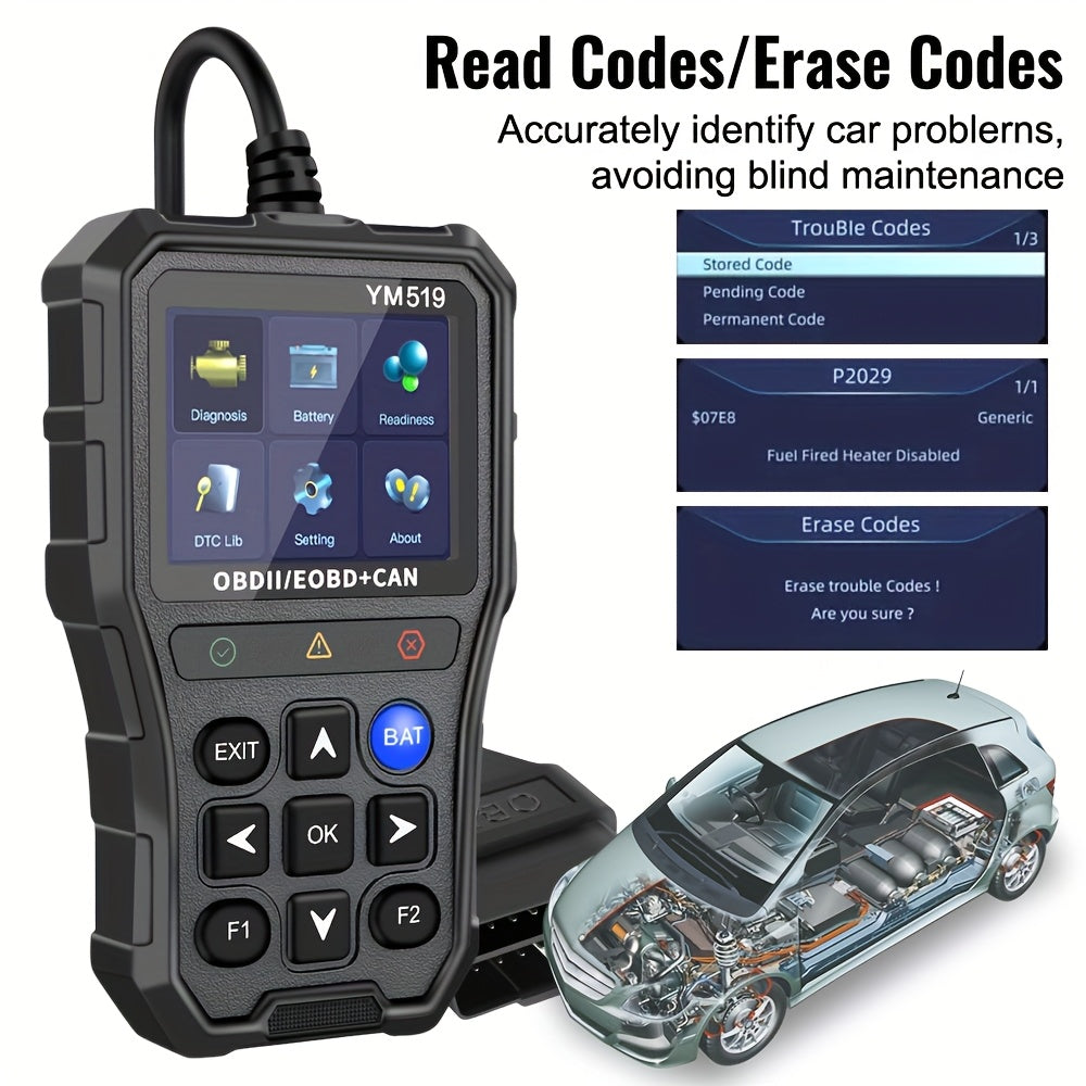 1 Unit YM519 Error Code Scanner OBD2 Code Reader Vehicle Diagnostic Tool Multi-Language Code Reader Engine System Check Battery Tester, Without Battery