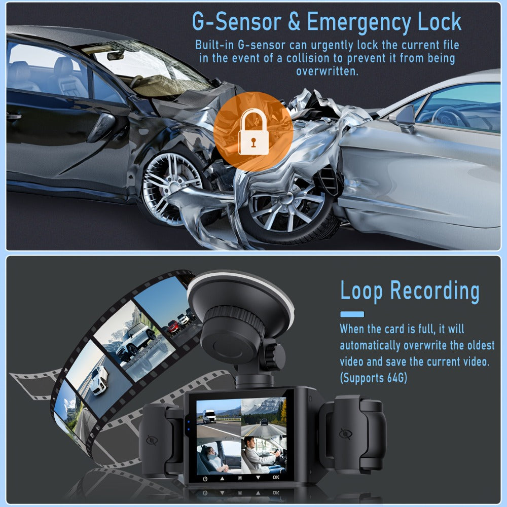 4-Channel 360° Dash Cam 1080P Front + 720P Rear Left Right All-Round Coverage, Quad-Screen Split Display, Night Vision, WDR, G-Sensor, Loop Recording – Optional 64GB Card