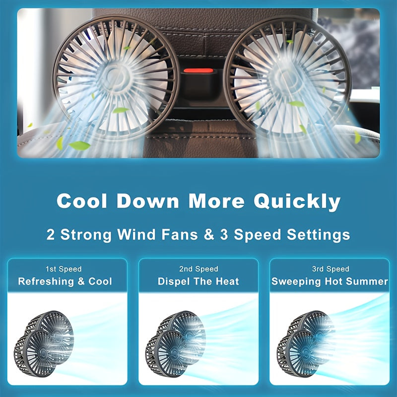 Car Fan, Car Small Air Conditioner, Double-headed Rear Exhaust Fan, Strong Wind, 5 Blades, 360-degree Rotation, Extra Large Air Volume, Subwoofer Operation, Easy Clip Installation, Foldable Hidden Under Headrest, Disassembly for Multi-scene Use