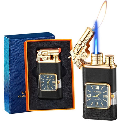 Double Flame Windproof Lighter Creative Retro Metal Lighter Dragon Eagle Gun Shape Quartz Dial Portable Outdoor Lighter Men Gift Box Butane Gas Not Included