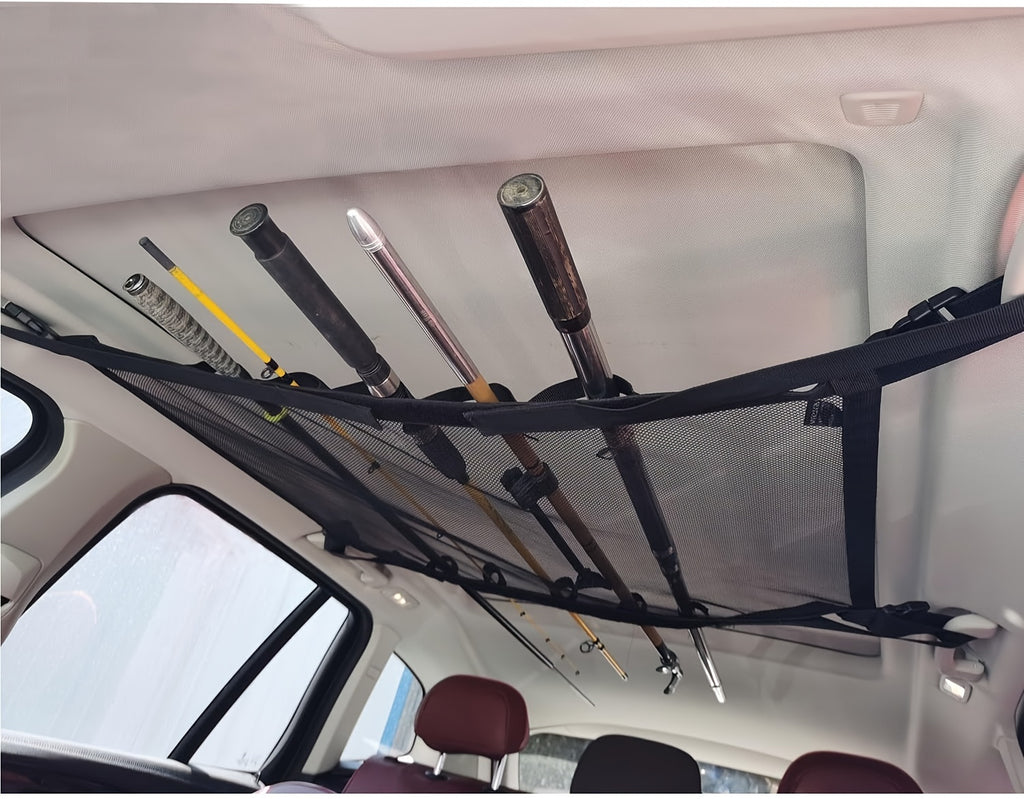 Durable Car Ceiling Mesh Organizer - Easy Install, Space-Saving, Adjustable Straps for SUV, Truck, Van - Fishing Rods Fabric Vehicle Roof Storage Net for Fishing Rods, Ski Poles And Long Gear, Easy Installation.
