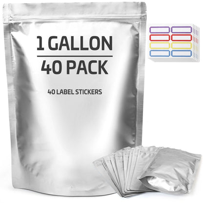 Mylar Bags for Food Storage 1 Gallon 10 Mil Thick – Resealable Zipper & Heat Seal, 40pcs or 100pcs with Label Stickers | Long-Term Food Storage Bags for Dry Goods, Prepping & Pantry Organization