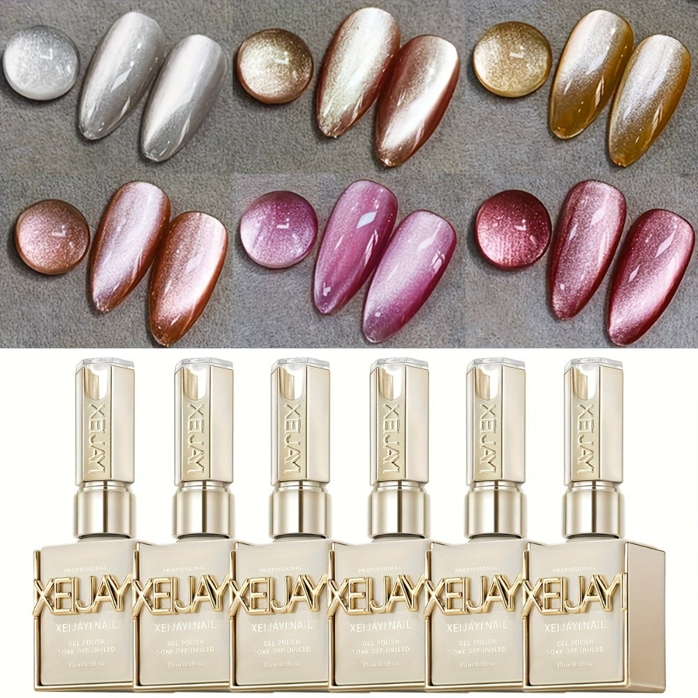 Magnetic Cat Eye Gel Polish Set 6 Colors Holographic Reflective Rock Candy Soak Off LED UV – Multidimensional Shimmer Nail Art Gel for Salon & DIY Manicure, Nail Art Gift for Women