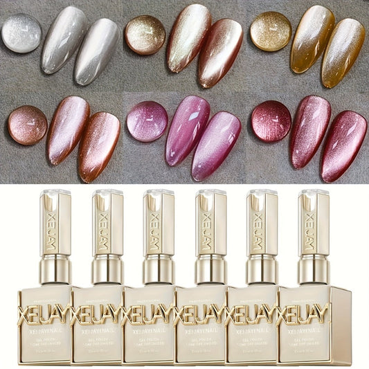 Magnetic Cat Eye Gel Polish Set 6 Colors Holographic Reflective Rock Candy Soak Off LED UV – Multidimensional Shimmer Nail Art Gel for Salon & DIY Manicure, Nail Art Gift for Women